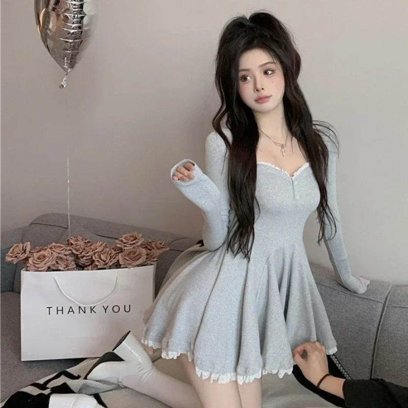 Sexy Korean Dress French Style Waist Closed Long Sleeve Collarbone Exposed Sweet Lace-waisted Pleated A-line Tutu Skirt 2024