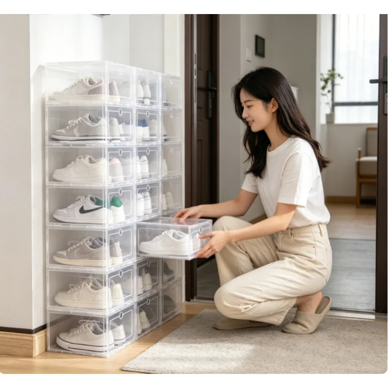 6Pcs Stackable Transparent Shoe Cases Thickened Dust Moisture Resistant Foldable Organizer Box for Home Shoe Arrangement