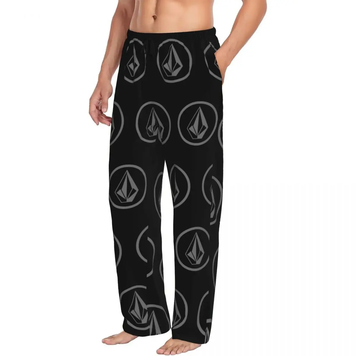 Custom Printed Grey Volcoms Circle Logos Pajama Pants Men's Sleep Sleepwear Bottoms with Pockets