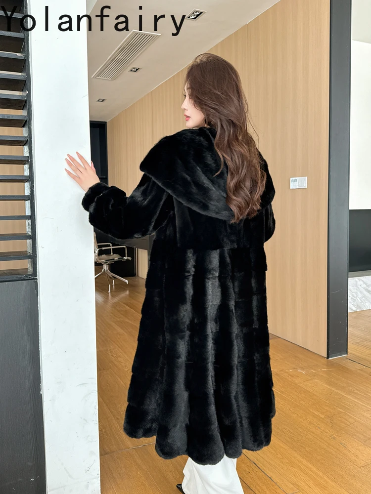 YOLANFAIRY Top Quality Splicing Mink Fur Coats for Women Winter 2025 Fashion Long Real Black Fur Coat Woman Elegant Fur Jacket