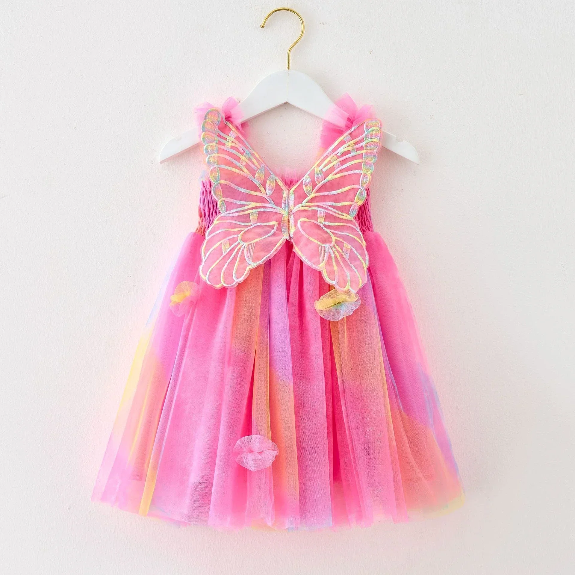 New Summer Kids Girl Dress Embroidered Three Dimensional Wings Appliques Sling Sleeveless Skirt Sweet Princess Mesh Fluffy Dress