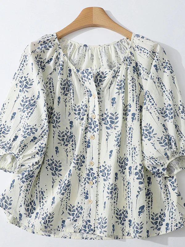 

Summer 2026 New Style Floral Print Lantern Sleeve Shirt Thin Short Sleeve round Neck Women's plus Size Versatile Casual Shirt