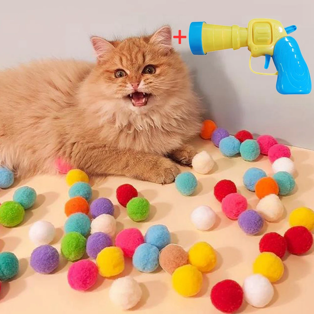 

Launch Training Cat Toys Interactive Shooter Gun Teaser Plush Ball Pet Creative Games Stretch Mini Pompoms Kittens Supplies