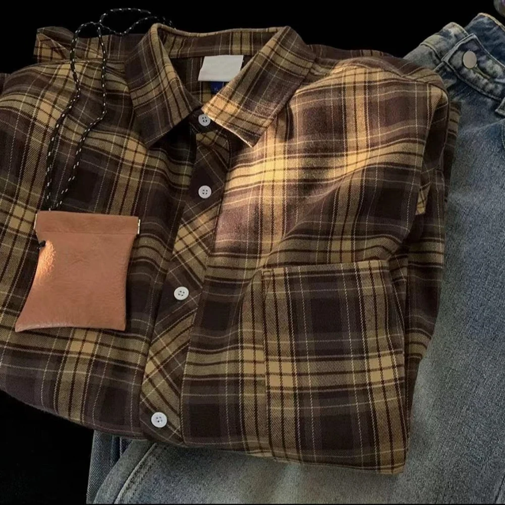 

Women's Plaid Shirt Long Sleeve Casual Loose Fit Checkered Top for Spring Autumn Fashion Streetwear Style, Available S-2XL