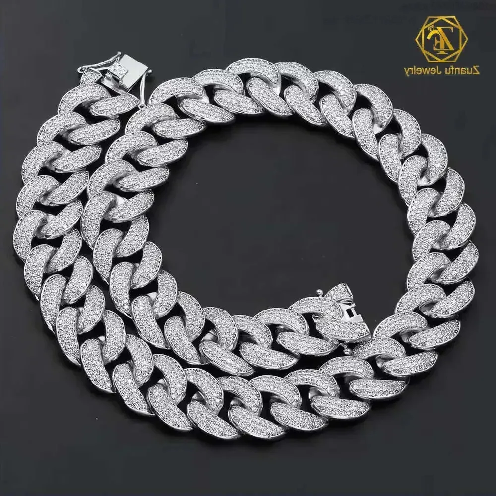 

Hip Hop Jewelry 12mm Thick Cuban Link Diamond Necklace Half Moon Shape Iced Out Moissanite Prong Cuban Link Chain