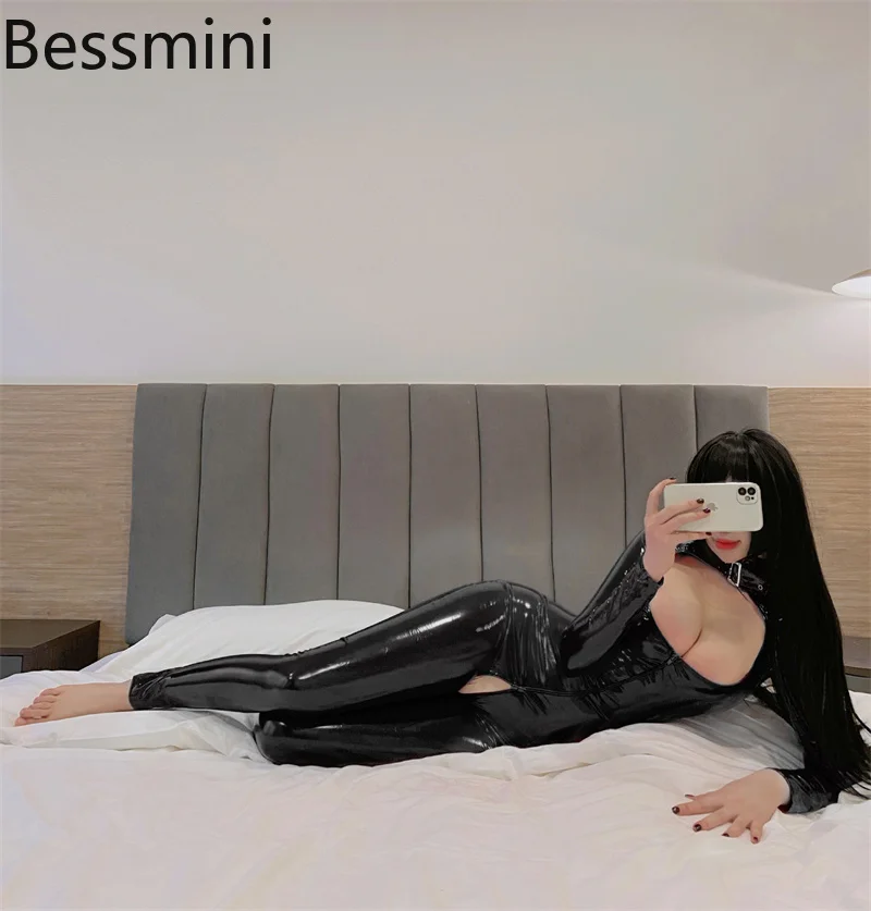 

New Women Sexy Hollow Out Faux Leather Catsuit PVC Latex Front Zipper Open Crotch Jumpsuits Stretch Bodystocking Erotic Costumes