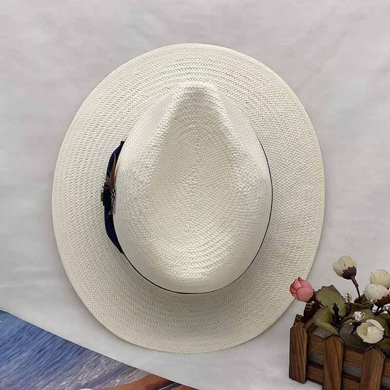 High-end Panama Straw Hat Hot Sale Striped Bow Flat Side Jazz Straw Hat Fine Hand Knitting