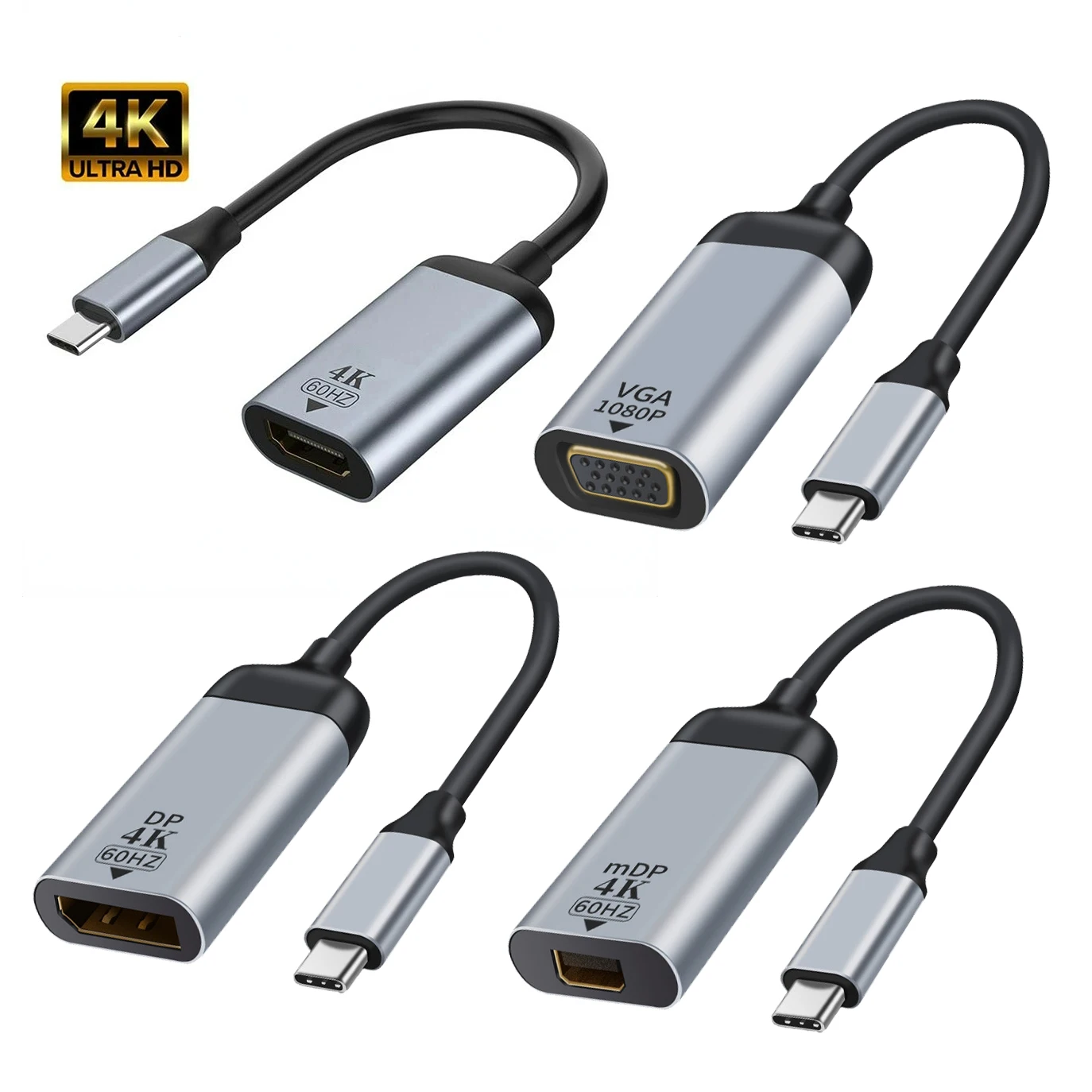 USB C Video Converter Thunderbolt3 Type-C To 1080P VGA 4K@60Hz HDTV/Mini DP/DP Adapter Cable for Laptop Monitor Display