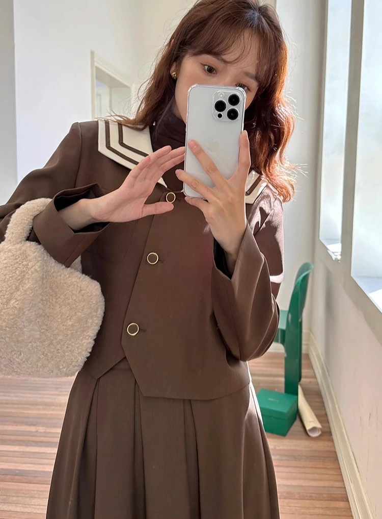 Elegant Brown Blazer Jacket Vintage School Style Outerwear High Waist Slim Fit Cropped Coat Women Autumn Winter Casual Fashion