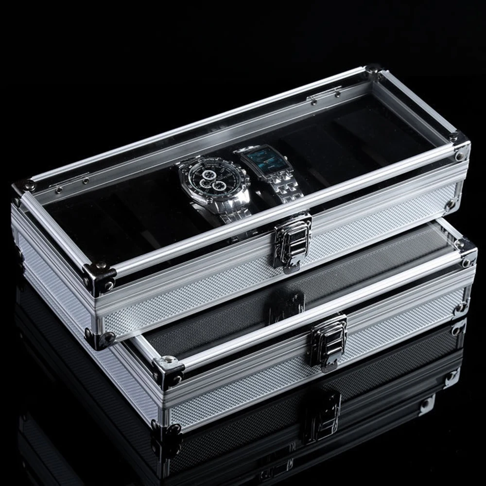 

6 /12 Grid Card Slot Watch Safe Exhibition Box Jewelry Watches Aluminium Alloy Storage Case Transparent Watch Stand Box Displa