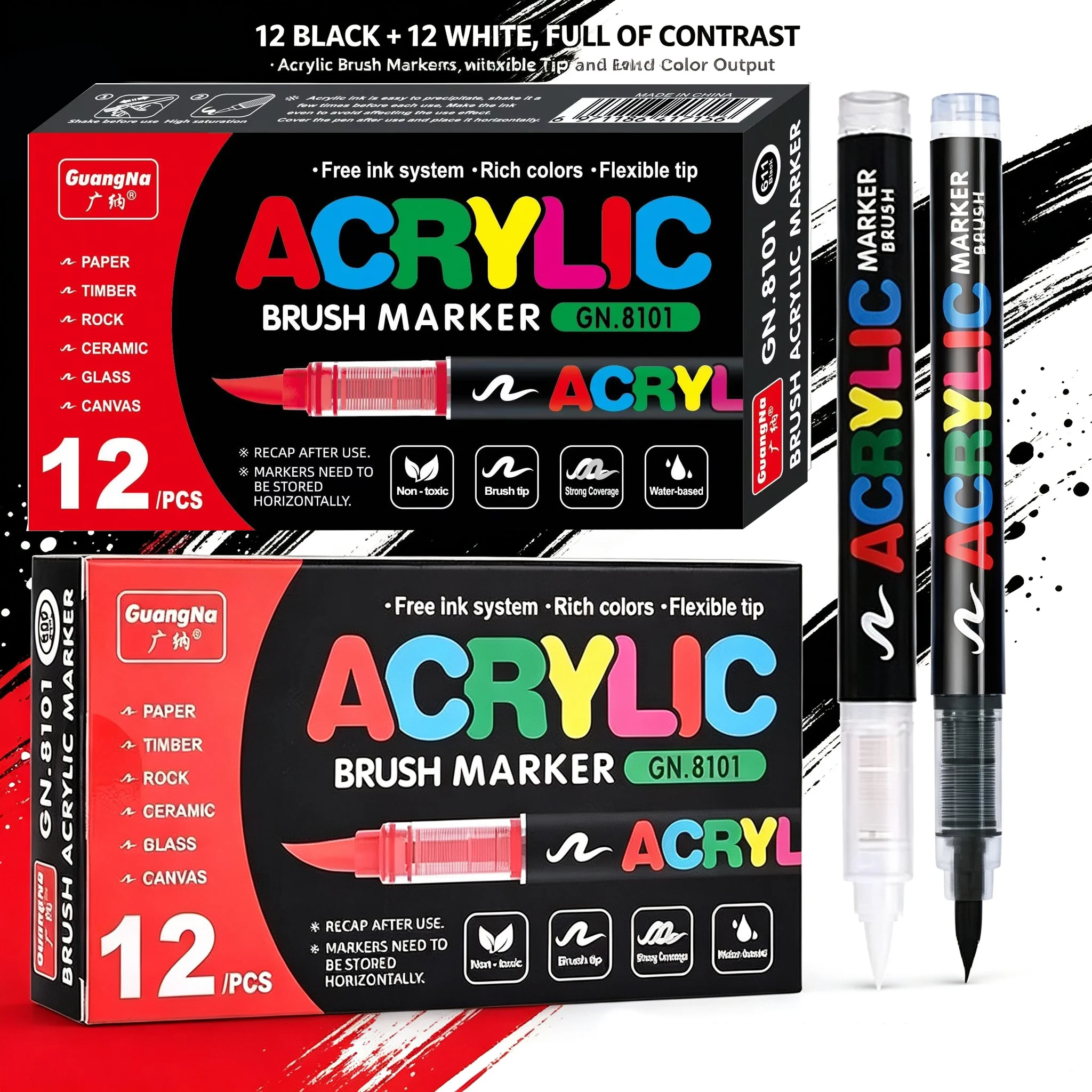 12Pcs Black & White Acrylic Paint Markers Set,Soft Brush Tip Markers for Painting on Ceramic,DIY Making Multi‑Surface Supplies