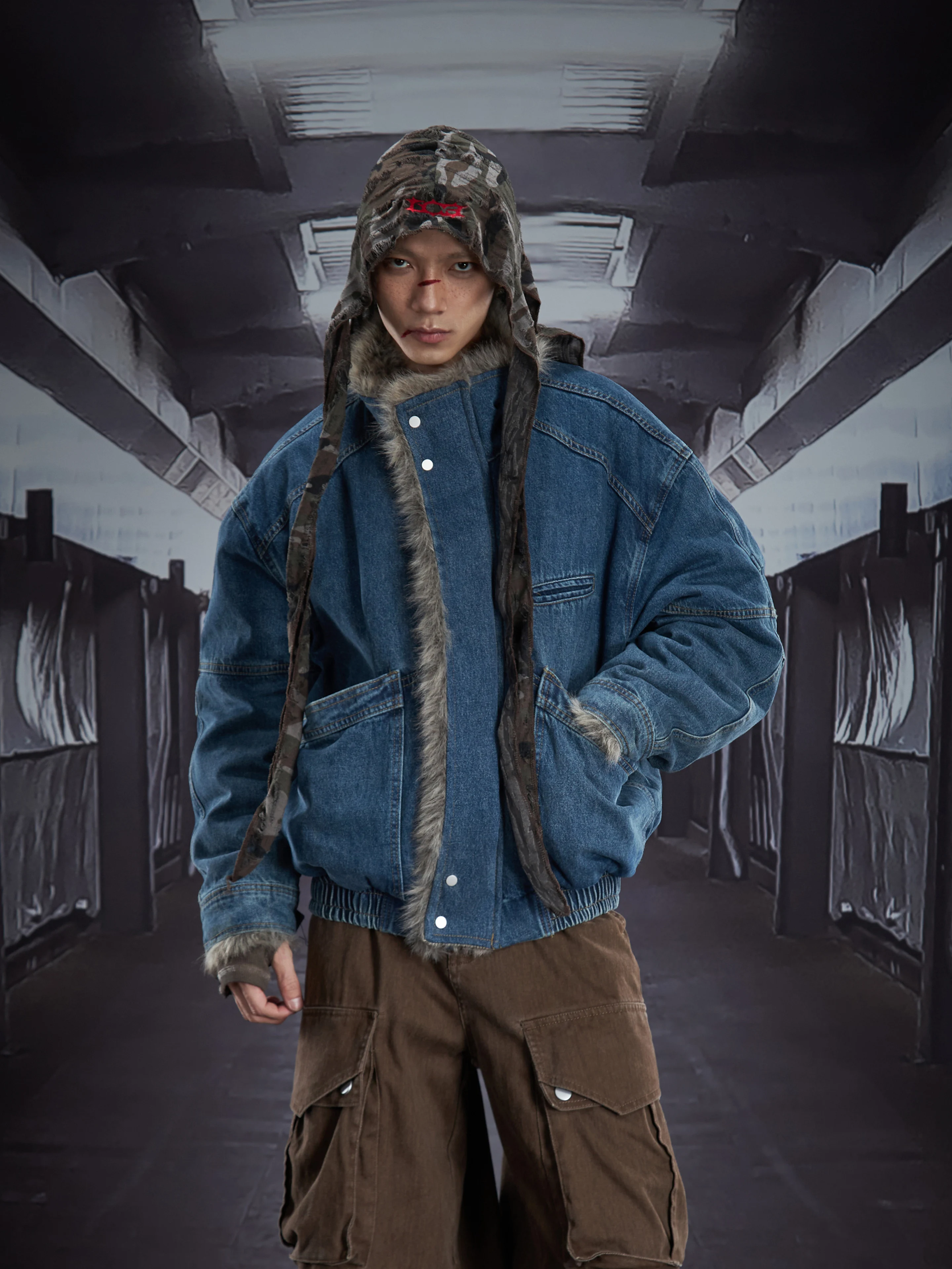 Cutting Piece Denim Mountain Carving Fur Stitching Large Pocket Thick Quilted Coat Jacket Winter