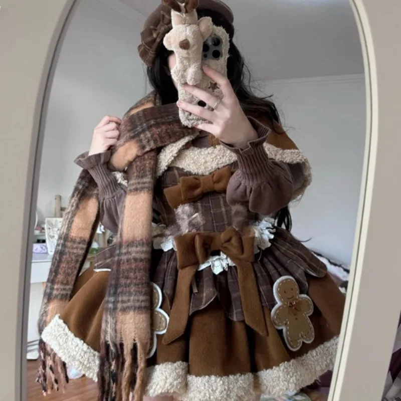 

Christmas Sweet Cute Lolita Cosplay Women Autumn/Winter Dress Spliced Plaid Cloak Harajuku Princess 2 Piece Outfits Tea Party