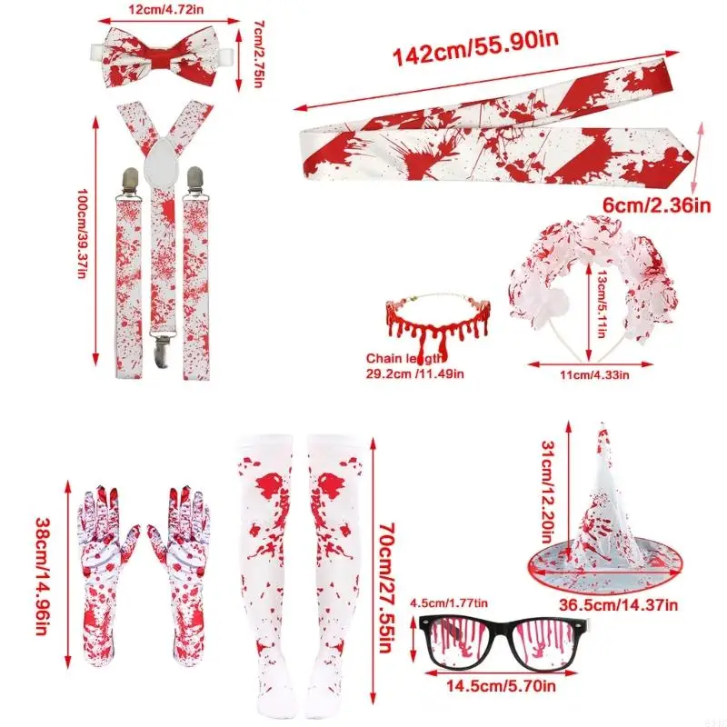 634C Halloween Costume Set Splattered Blood Gloves Stockings Scary Pointed Hat Collar