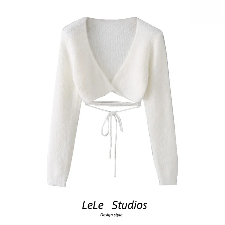 

Сексуальный вязаный свитер с перекрестным v-образным вырезом и бретельками на пуговицах, белый пушистый трикотаж, женский модный трикотаж для поездок на работу