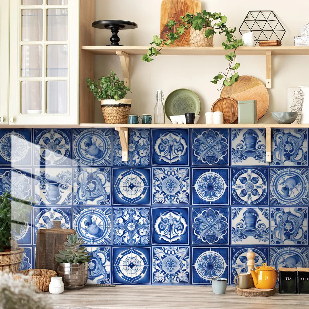 20pcs/set blue waterproof splash board wall tile sticker, suitable for kitchen and bathroom,The kitchen is peeling and sticking