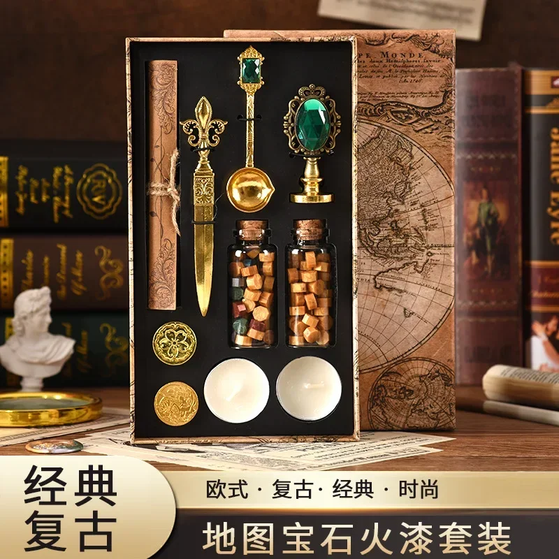 European map box fire paint seal set exquisite gift box gem seal handle European creative wax melting spoon