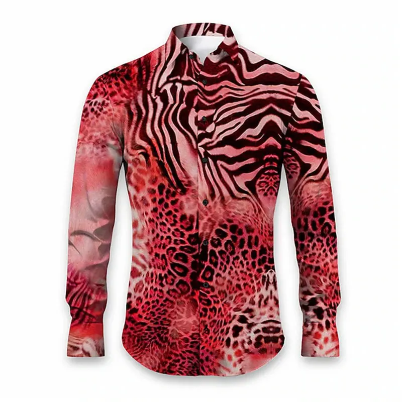 Men's New Fashion Long-Sleeved Shirts Casual Autumn Slim Long-Sleeved Clothing 3d Leopard Print Lapel Single-Breasted Top