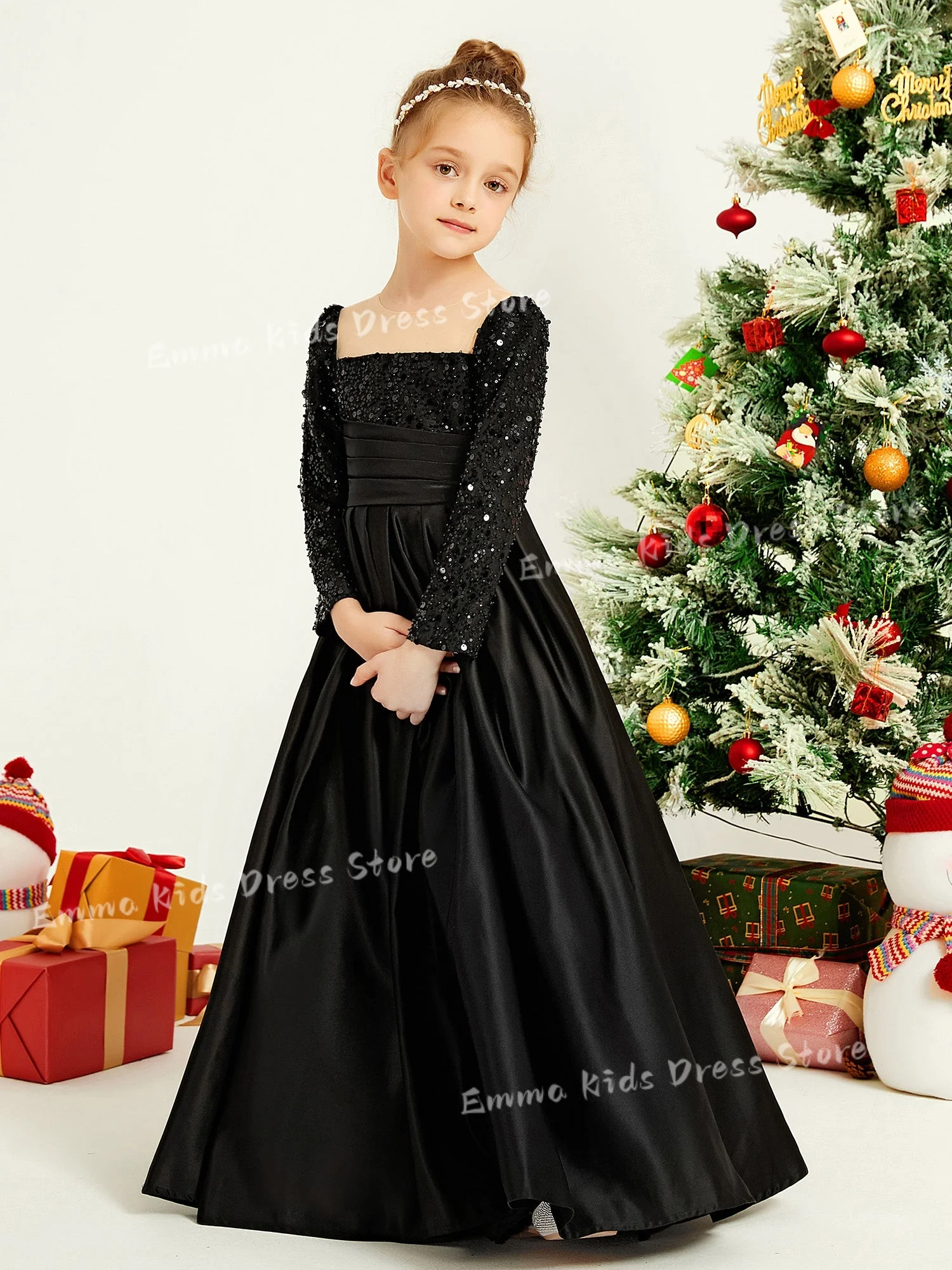EMMA  Custom Flower Girl Dress Black Satin Children First Communion Wedding  Birthday Party Ball Gown