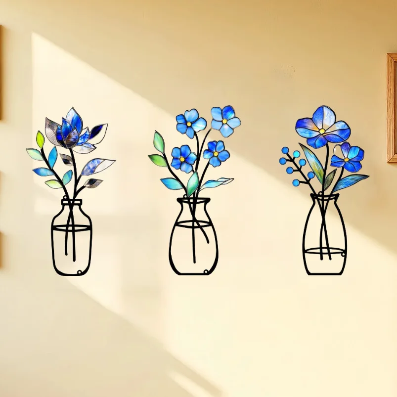 Bohemian Floral Metal Wall Decor Trio, Modern Botanical Art Panels for Ceiling, Accent Wall, Reusable Removable for Young