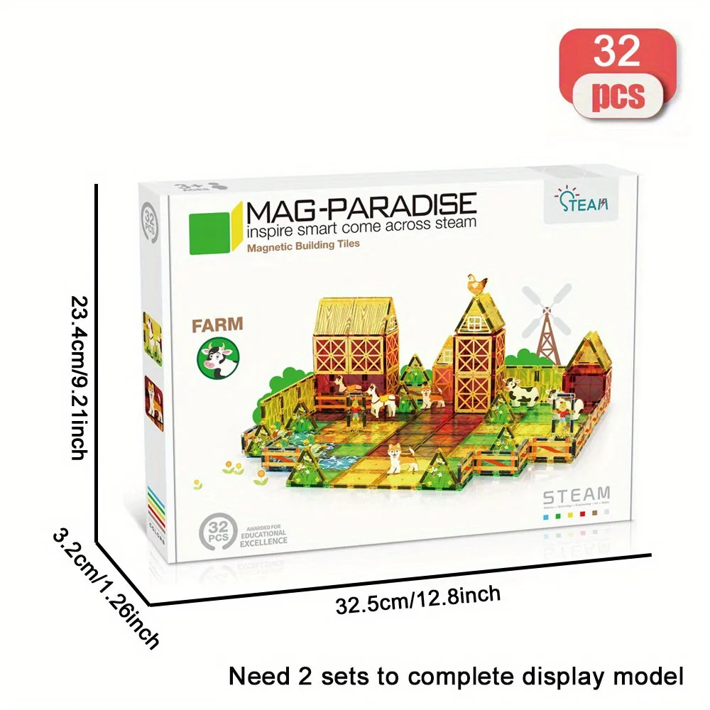 مكعبات بناء مغناطيسية لحيوانات المزرعة مكونة من 32 قطعة - مجموعة ألعاب جذعية كبيرة ألعاب مغناطيسية إبداعية، ألعاب مغناطيسية تعليمية للأطفال