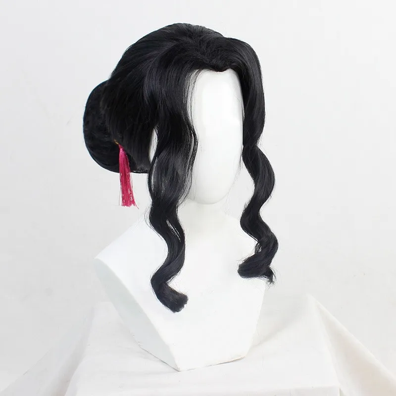 Demon Slayer Kibutsuji Muzan Anime Cosplay Wigs Black Split Ponytail Tiger Mouth Clip Large Hair Bag Synthetic Lolita Wig