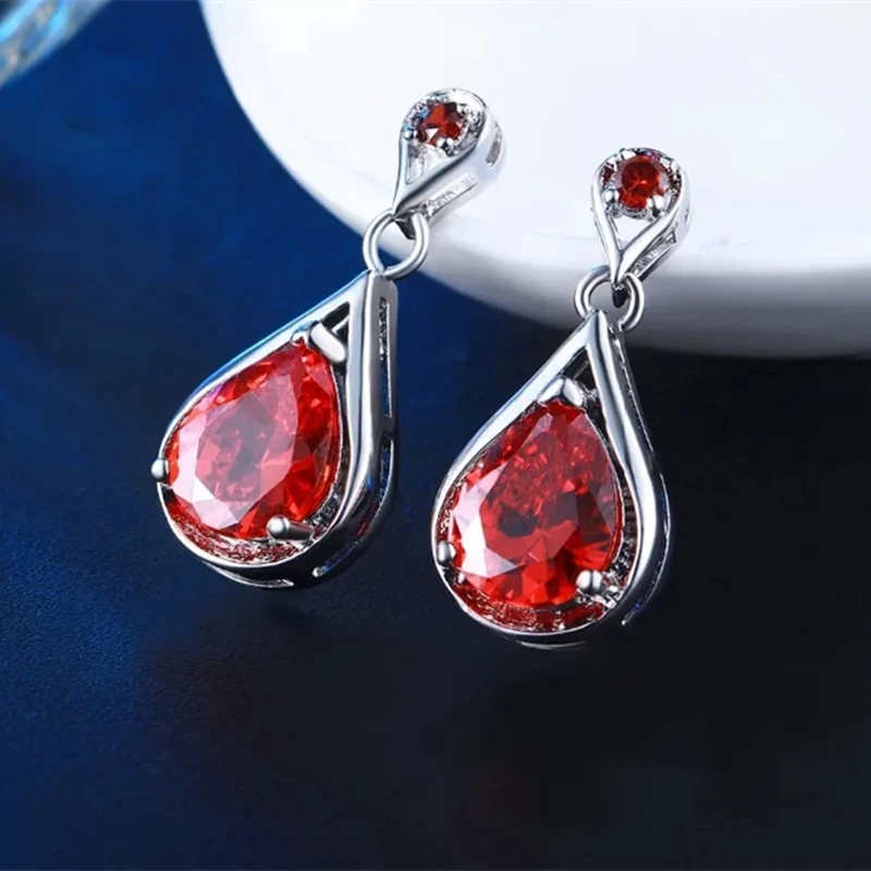 Drop Earring and Pendant Necklace Sets Luxury Red Cubic Zirconia Fashion Jewelry Set Fine Party Accessories N005