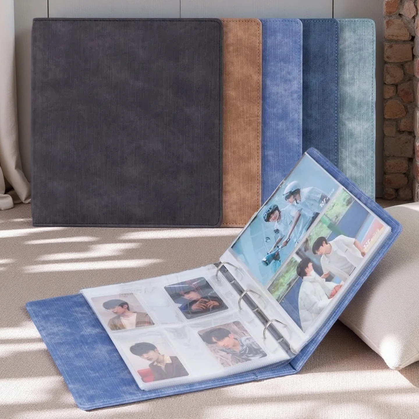 

A5 Denim-Style D-Ring 3-Ring Binder – Expandable 80-100 Pages, PU Leather Photo/Card Organizer with Multi-Pocket PP Inserts