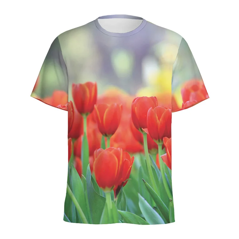 Dutch Tulip Flower Pattern T-shirt Tops Women 3D Printed Floral Tees Summer Round Neck T Shirt For Men Loose Short Sleeves