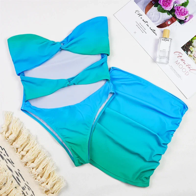 

Women's Sexy Strapless One-piece Swimsuit with Mesh Skirt Printed Monokini Swimwear Two-piece Set 2025 New Half Body Design