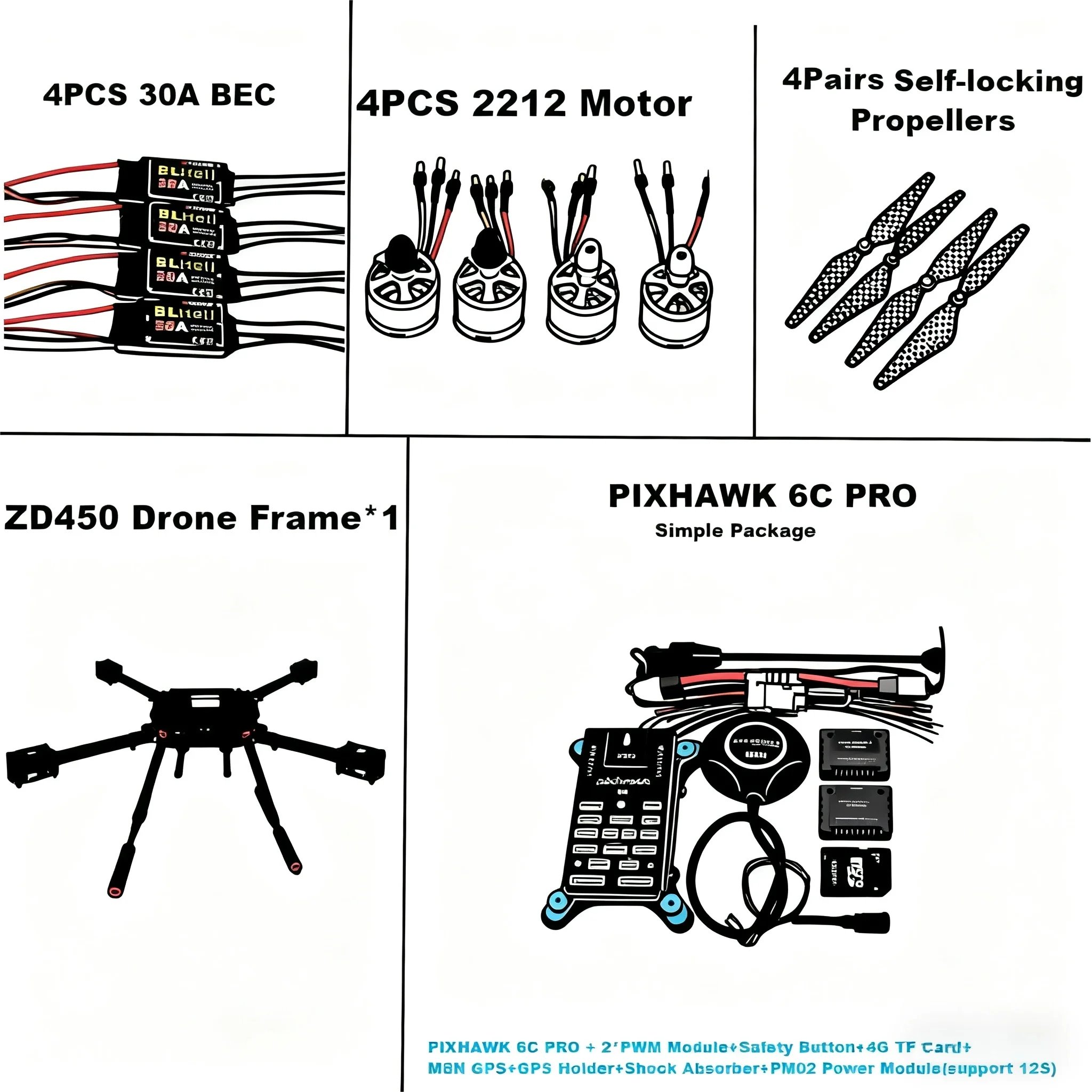 

Pixhawk 6C PRO Flight Control M8N M9N Carbon Fiber 450 Frame FPV Ardupilot Radio Telemetry Quadcopter BLHELI 20AESC 2212 Motor