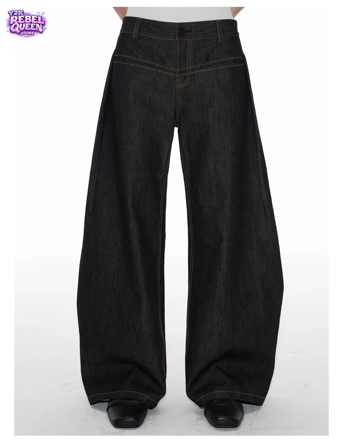 

American Vintage Black Low Rise Banana Jeans Women Contrast Stitch Wide Leg Curved Pants Hot Girl Y2K Streetwear Harajuku Outfit
