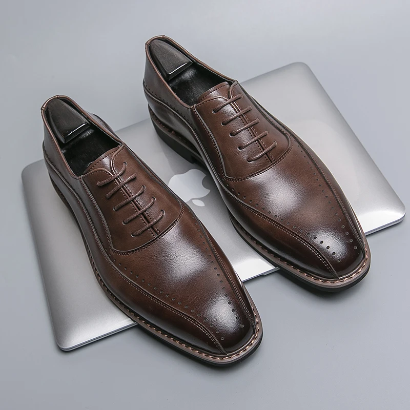 

Business Men Formal Leather Shoes Dark Brown Lace-up Comfortable Fashionable Office Leather Shoes Banquet Shoes Sizes 38-46