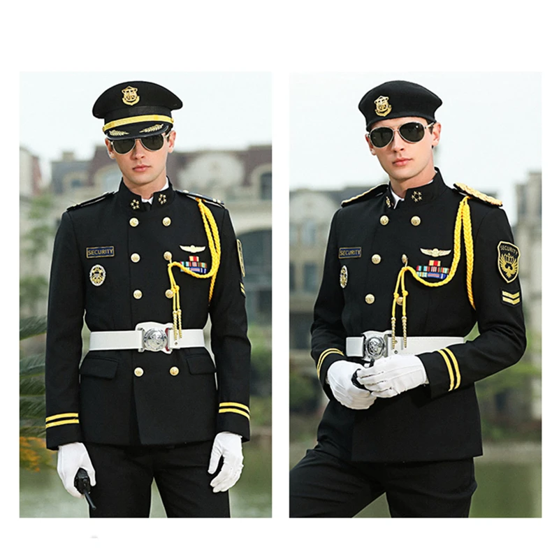 

Security Guard Uniform Men Property Doorman Double-breasted Mandarin Collar Black Concierge Jacket Pants Hat Ribbon Accessories