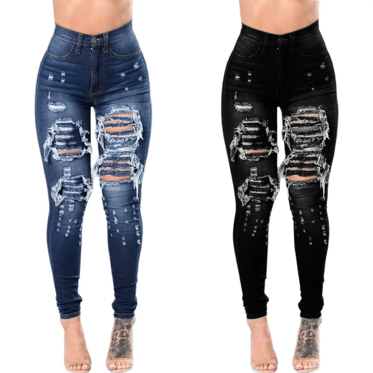 

2025 Autumn High Waist Ripped Jeans For Women Fashion Stretch Skinny Denim Pencil Pants Casual Slim Trousers