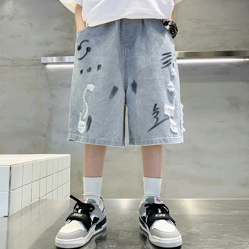 Loose Style Kids Child Vintage Ripped Denim Shorts with Drawings for Big Boys Summer Loose Straight Capris Jeans Shorts Age 5-14