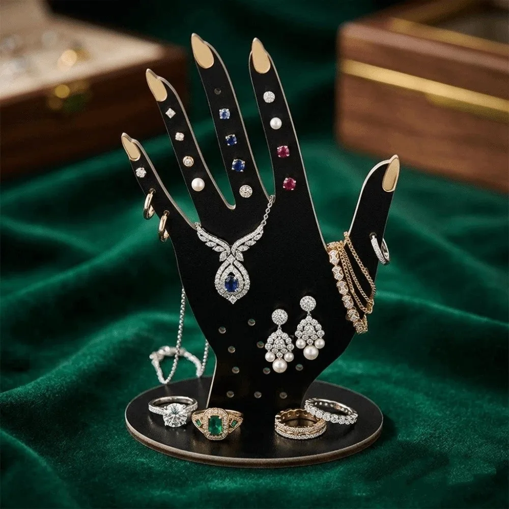2D Wooden Hand Shaped Ring Display Stand Lightweight Smooth Polished Jewelry Storage Holder Compact Size Sturdy