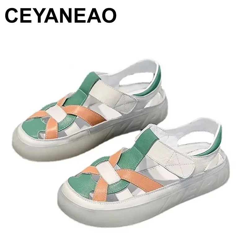 

2025 Women Sandals Cow 3cm Genuine Leather Moccasins Oxfords Hook Summer Round Toe Soft Soled Flats Loafers Comfy Shoes