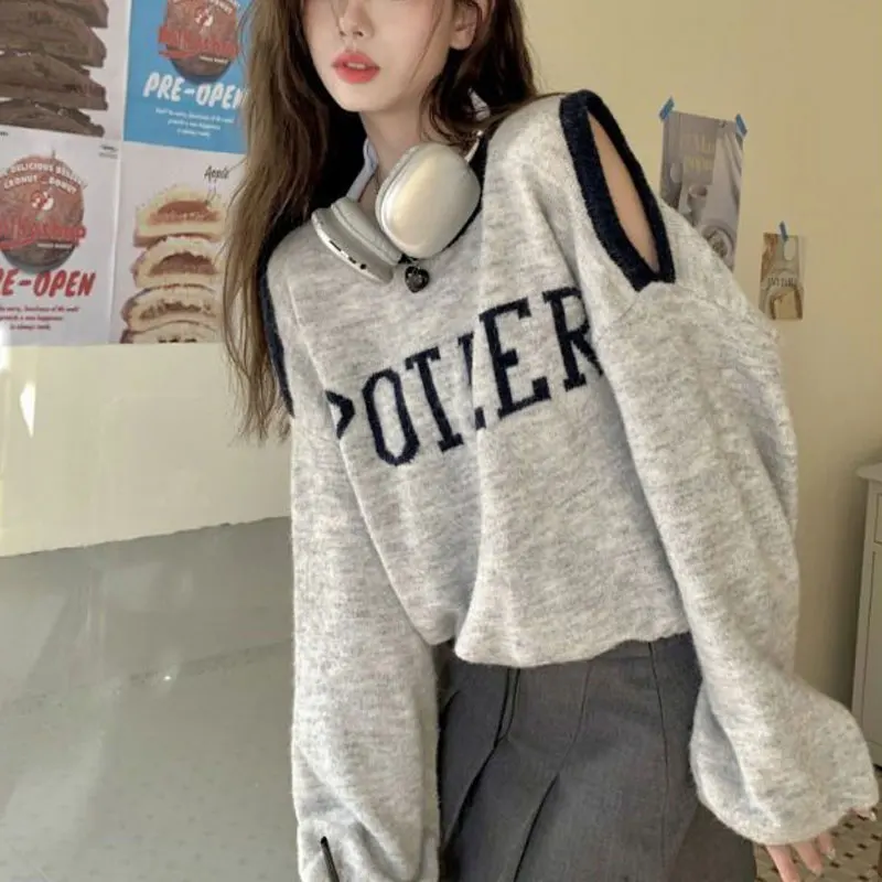 American Off Shoulder Letter Sweatshirts Women\'s Clothing Casual Long Sleeve Spring Autumn O-Neck Stylish Drawstring Pullovers