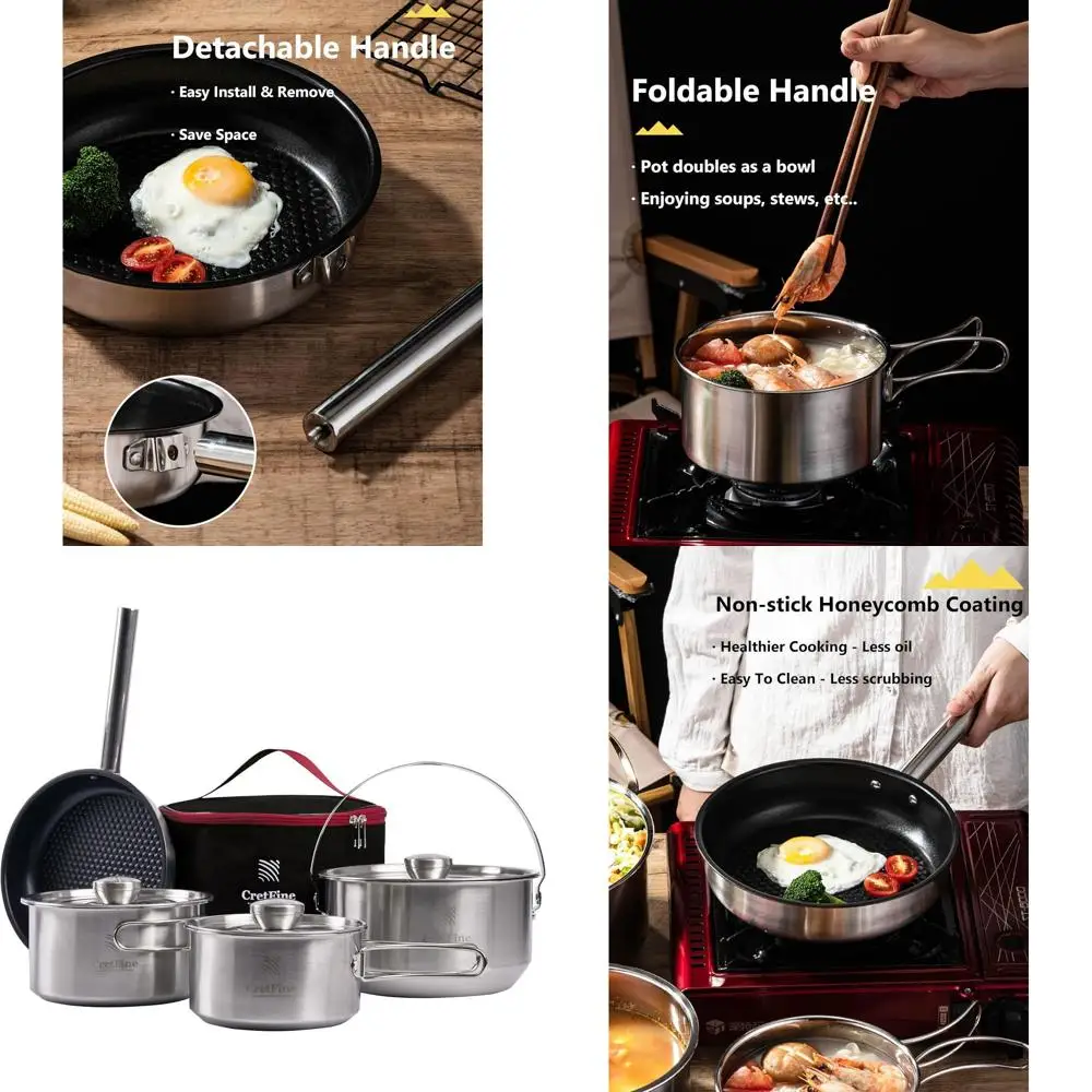 

Stainless Steel Camping Cookware Set, 4-8 Person, with Carrying Bag for Outdoor Cooking, Picnic, and RV Use
