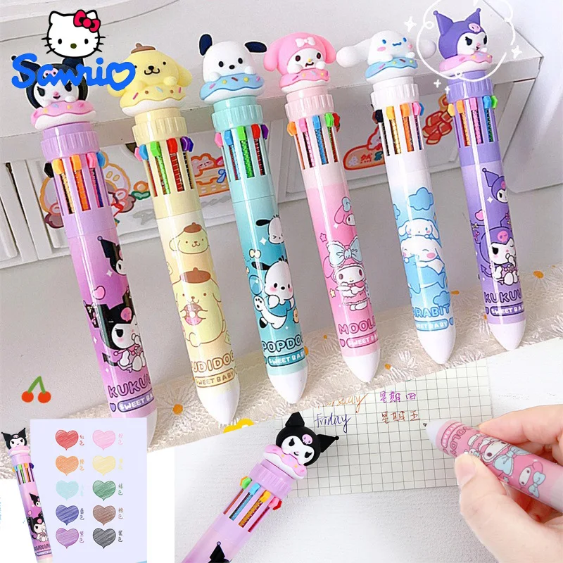 

Ten-color Sanrio Ballpoint Pen Anime Hello Kitty Melody Kuromi Pochacco Cinnamoroll Student Stationery Gel Pen School Supplies