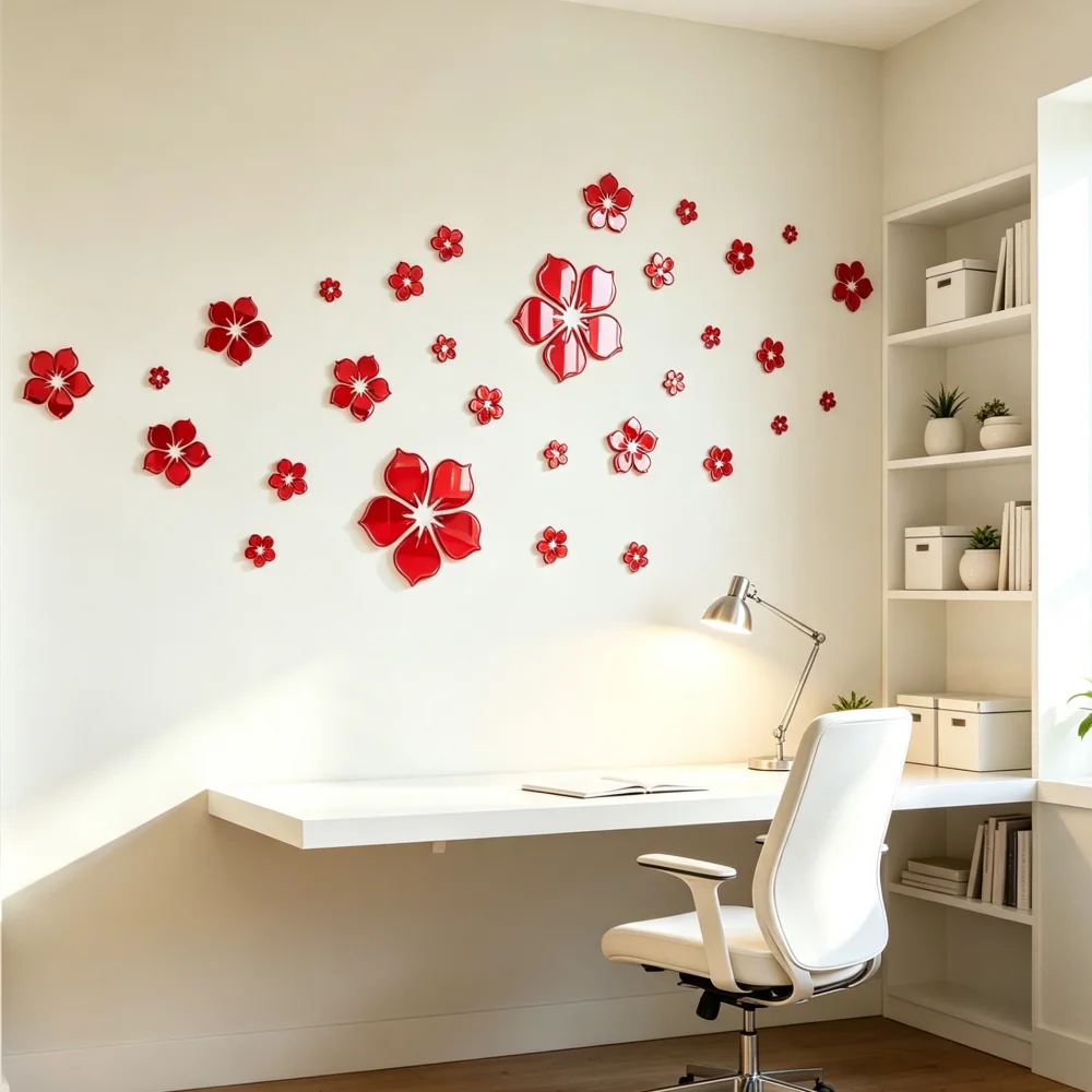 DIY Red Mirror 3D Flower Wall Stickers, Acrylic Splicable Crystal Petal Wall Art, Self‑Adhesive Decorative Floral Wall Decals for Indoor Home Ornament, Total 18Pcs