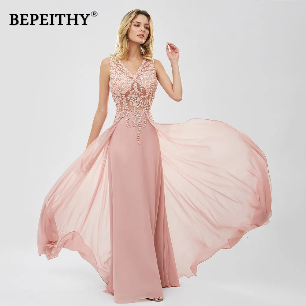 BEPEITHY Customized V Neck Evening Dresses Lace Appliques Pink Prom Dress Chiffon Formal Occasion Dresses 2023 Vestidos De Noche