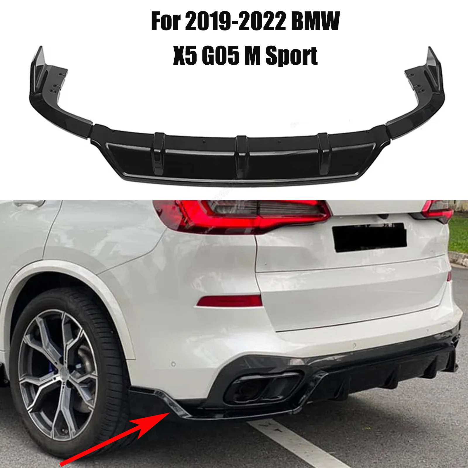 For 2019-2022 BMW X5 G05 M Sport Rear Bumper Lip Spoiler Splitter Exhaust Diffuser Corner Guard Body Kit Glossy Black