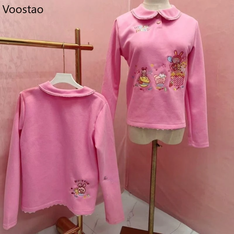 Japanese Sweet Lolita T-Shirts Women Cartoon Bunny Embroidery Harajuku Long Sleeve Tops Girls Fashion Y2k Aesthetic Casual Tees