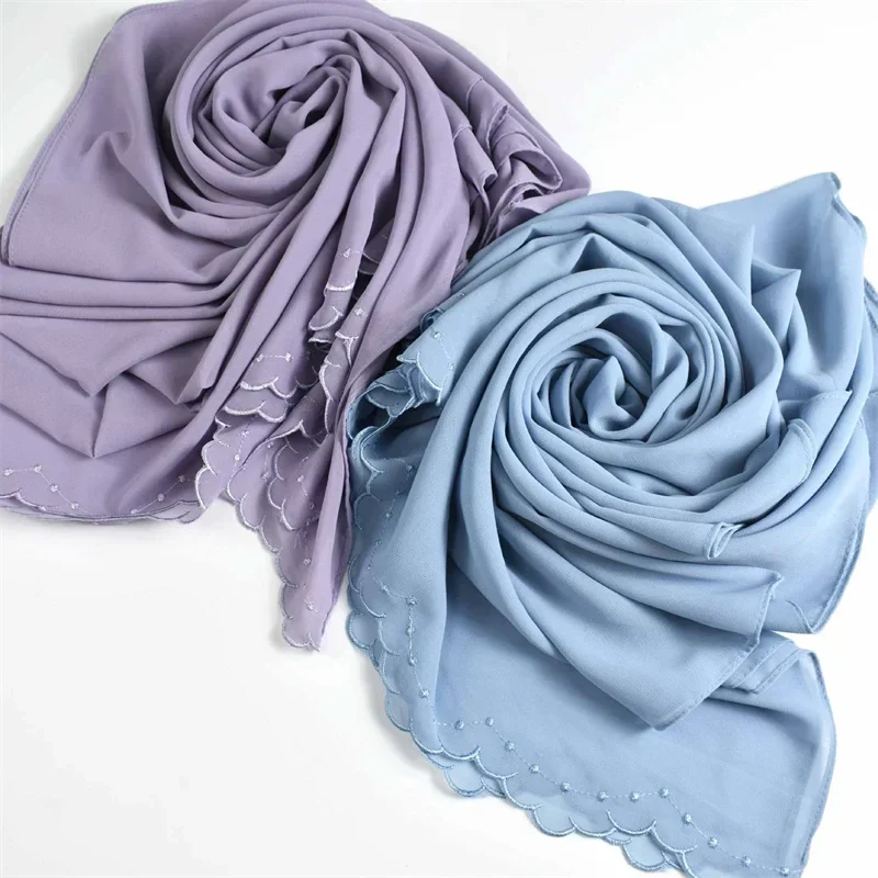 

170*70cm Dropshipping Malaysia Long Shawl Premium Wave Hem Muslim Embroidery Bubble Heavy Chiffon Hijab ملابس اسلاميه