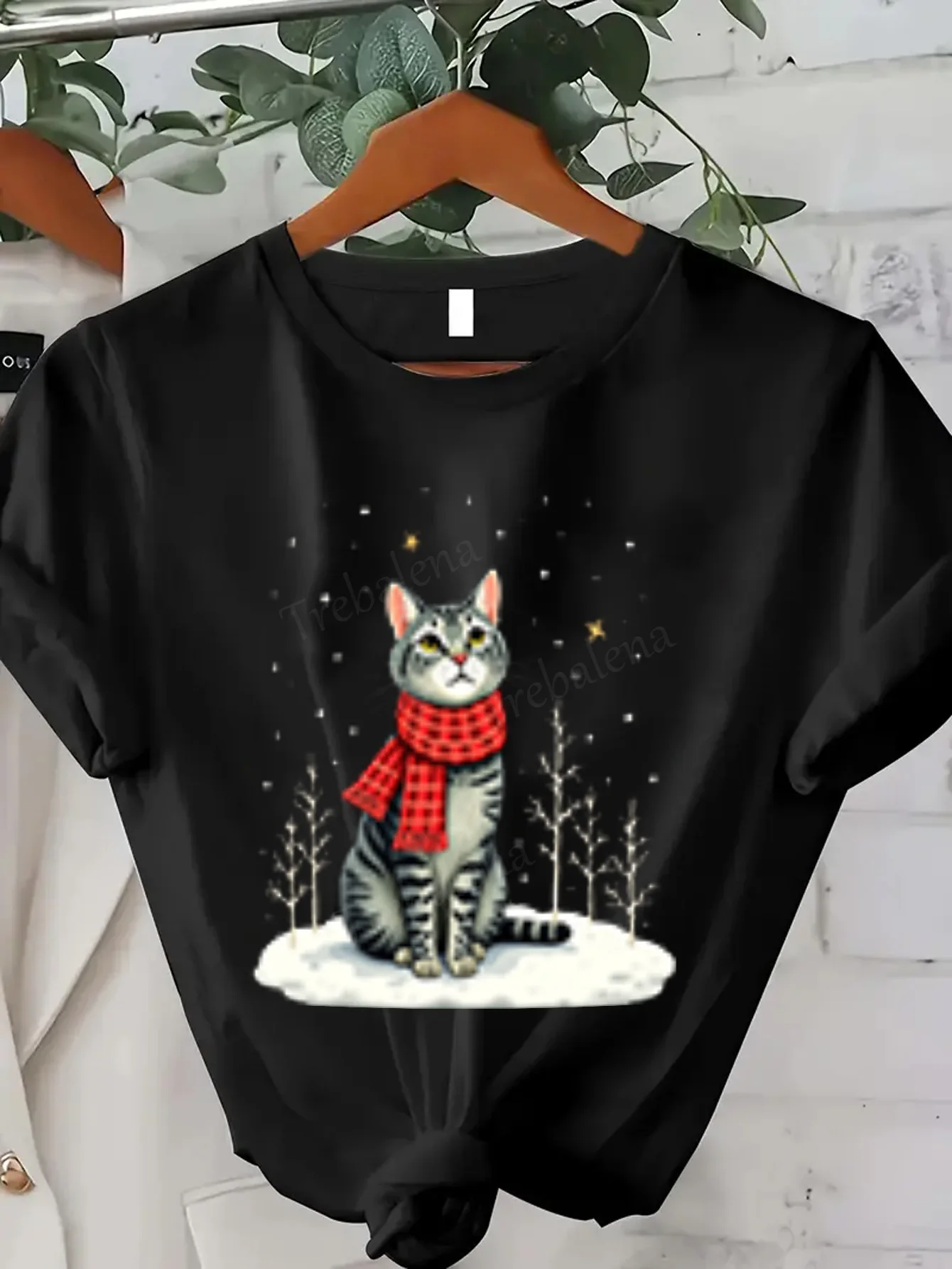 T-shirt d'hiver pour femmes, imprimé écharpe de chat, confortable et mignon