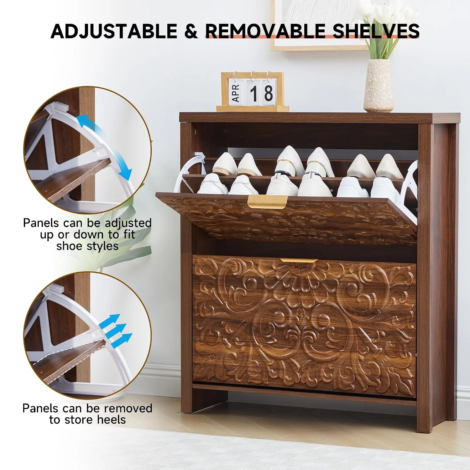 Narrow Wood Shoe Cabinet,Carved Floral Design & 2-Tier Hidden Flip Drawers Entryway Storage Organizer, Custom
