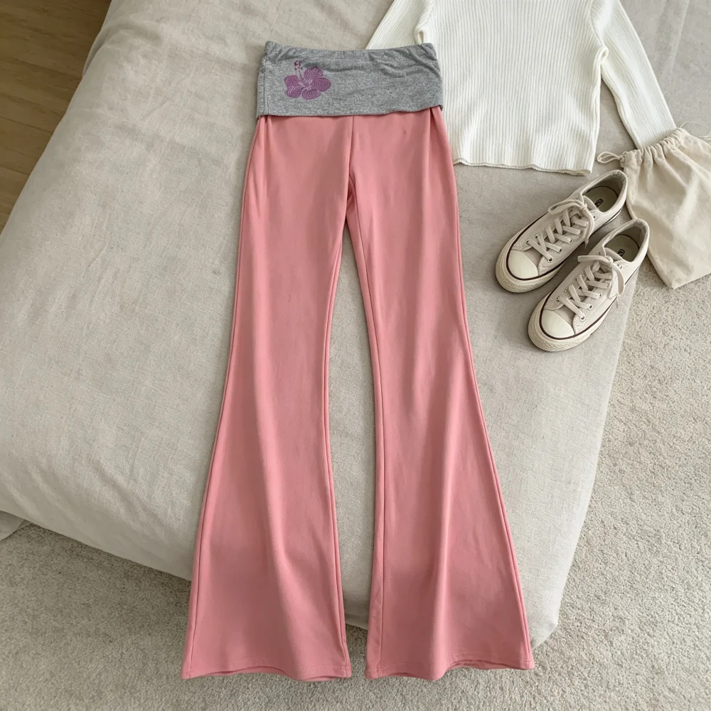 Fold Over High Waist Floral Rhinestone Flare Pants Slim Bell Bottom Trousers Streetwear Daily Yoga Casual Outfit For Young Women