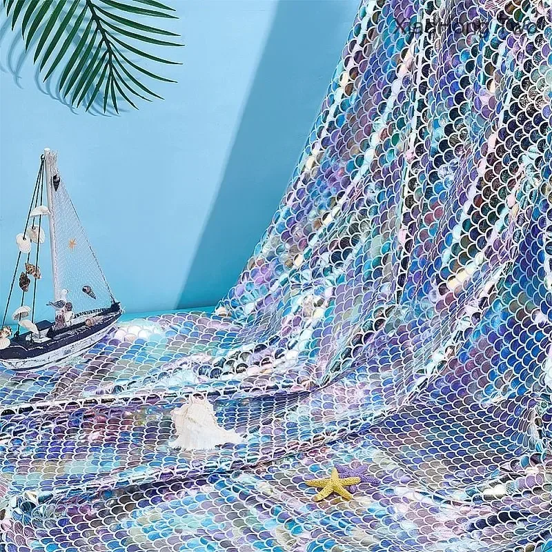 Mermaid Scales Fabric 1m Iridescent Hologram 2 Way Stretch Fish Scale Fabric Rainbow Colors Sparkly Spandex Mermaid